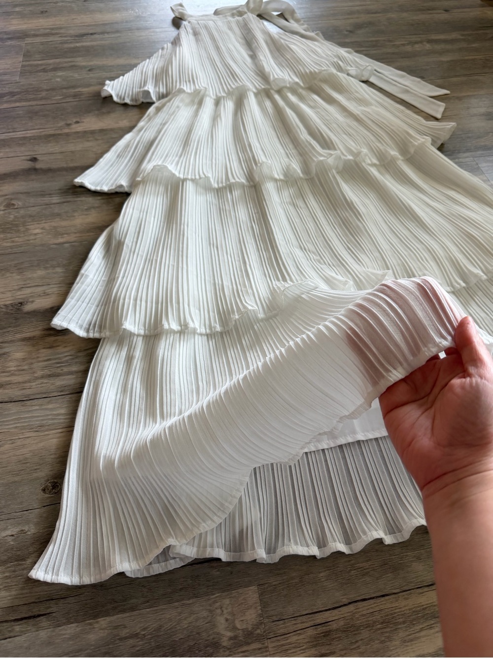 Ruffle Pleated Tiered Layered Chiffon Flowy Swing Long Midi Dress in White - Picture 3 of 15